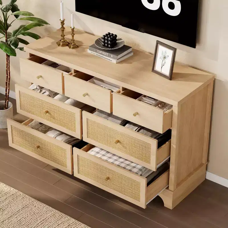 7 Drawer Dresser for Bedroom, 47.3 Wide Natural Rattan Chest of Drawers, Wood Boho Clothing Storage Organizer, Dresser TV Stand Cabinet