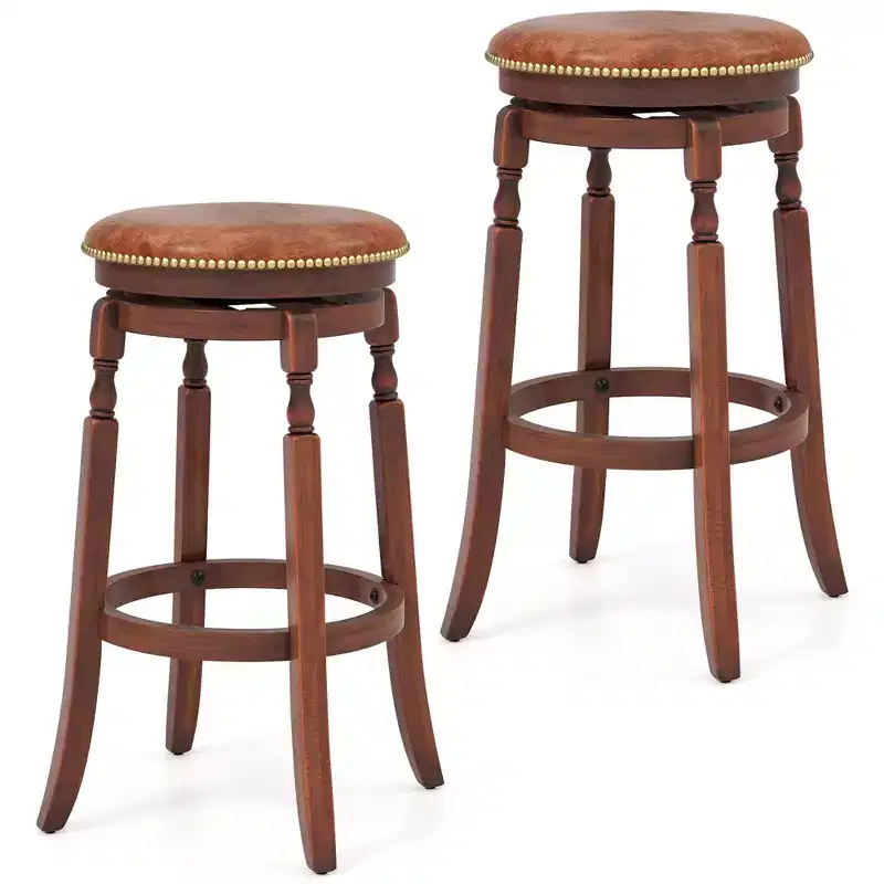 Costway 29 Swivel Bar Stool Set of 2/4 with Upholstered Seat & Rubber Wood Frame Round Walnut