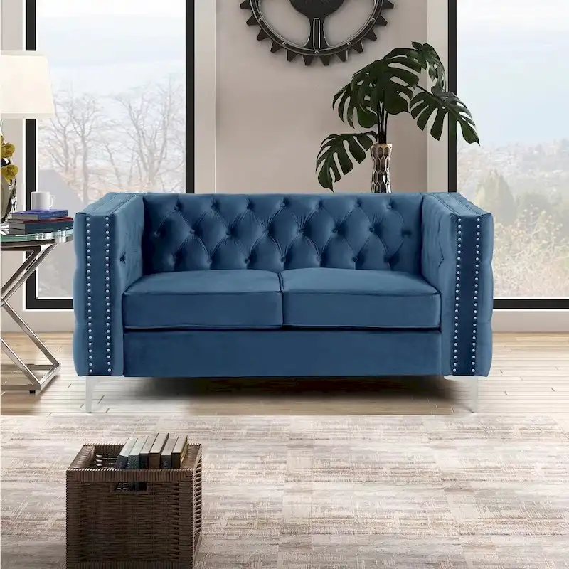 Modern Loveseat and Sofa Couch with Dutch Velvet Beige, Iron Legs