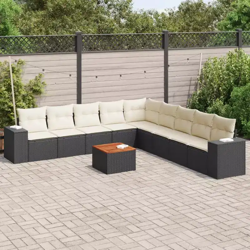 vidaXL 10 Piece Patio Sofa Set with Cushions Black and Cream Poly Rattan