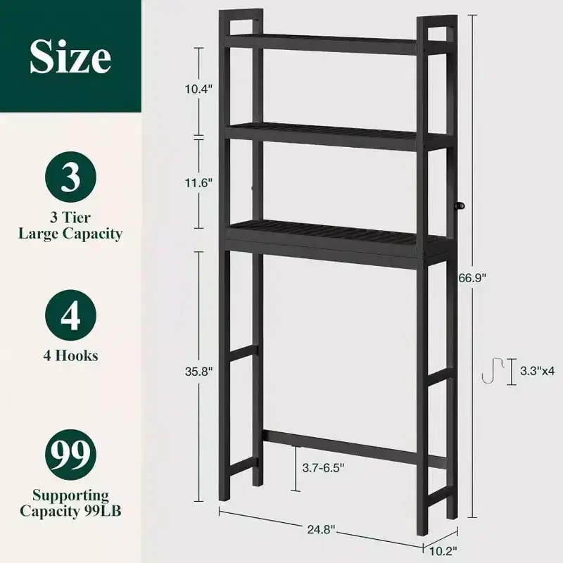Over Toilet Storage Cabinet 3 Tier Bathroom Organizers with Adjustable Shelf 4 Hooks Space Saving Black Shelf Rack