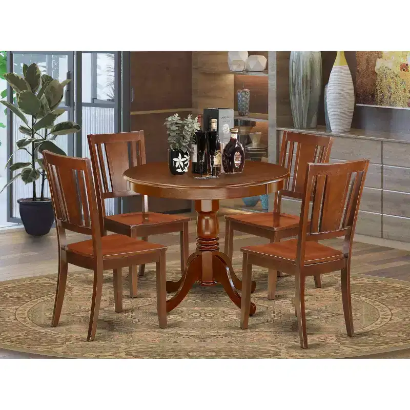 5Pc Dining Set - 36 Round Table & 4 Wood Chairs - Eclectic Style