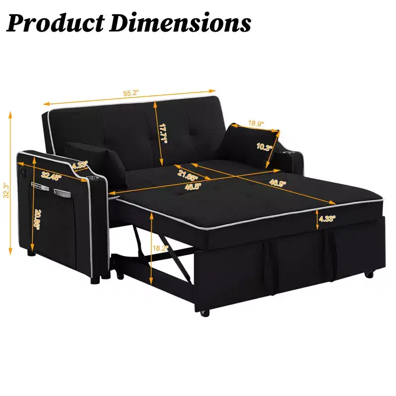 3-in-1 Velvet Sleeper Sofa Couch, Pullout Bed, Modern Convertible Velvet Pull Out Loveseat Futon Sofa, Adjustable Backrest and Pillows, Black