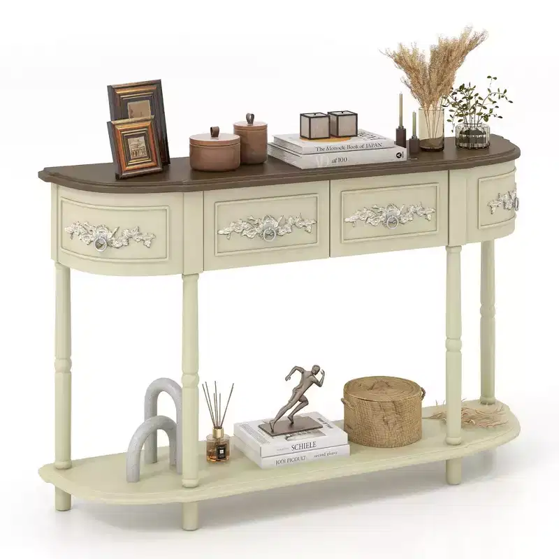 52-Inch Half-Moon Console Table with Drawers and Open Shelf