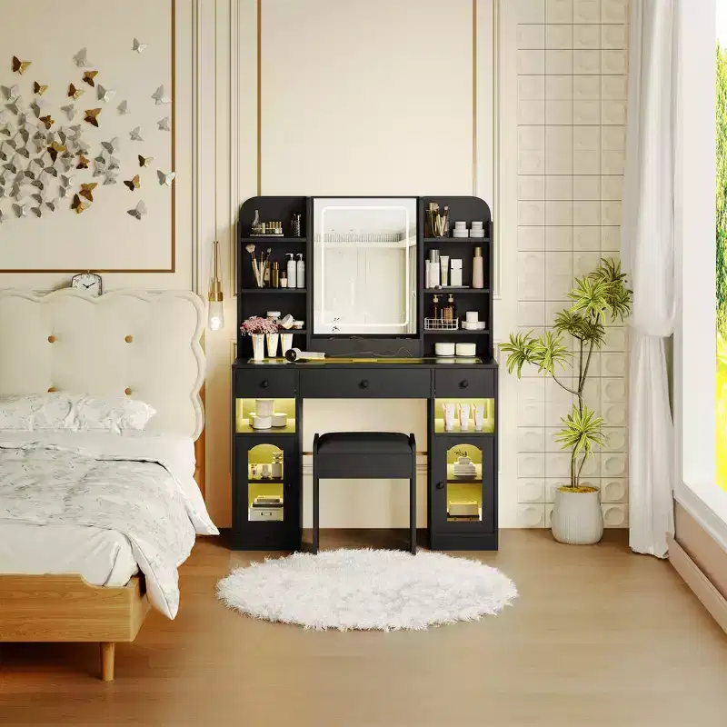 43.2 Vanity Desk, Dressing Table, Glass Top Vanity with Mirror, 3 Drawers, Storage Shelves and Stool