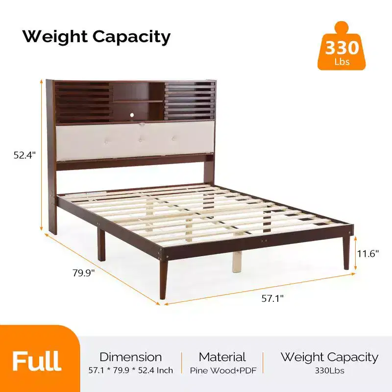 Karl Home Luxury Brown Wood Bed Frame Full Size Platform Bed with LED Upholstered Headboard, Charging Station