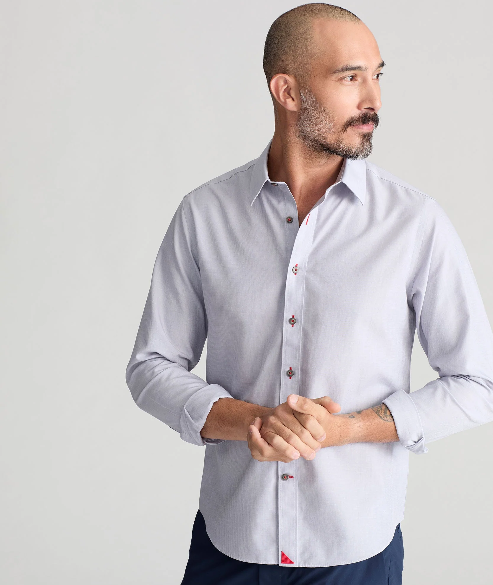 Light Gray Cotton Shirt with Red Accents