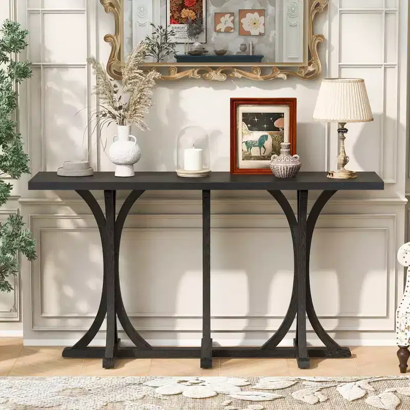 59.8'' Wooden Console Table with Oak Veneer Top, Farmhouse Entryway Table with Rubber Wood Slender Curved Legs, Black