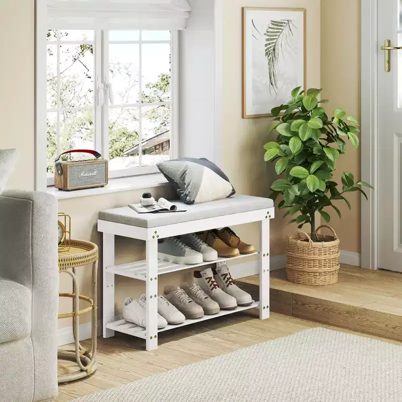 MAYEERTY 3 Tier Shoe Racks Bamboo Shoe Bench Entryway with Cushion and Adjustable Shelves for Hallway Mudroom living Room White