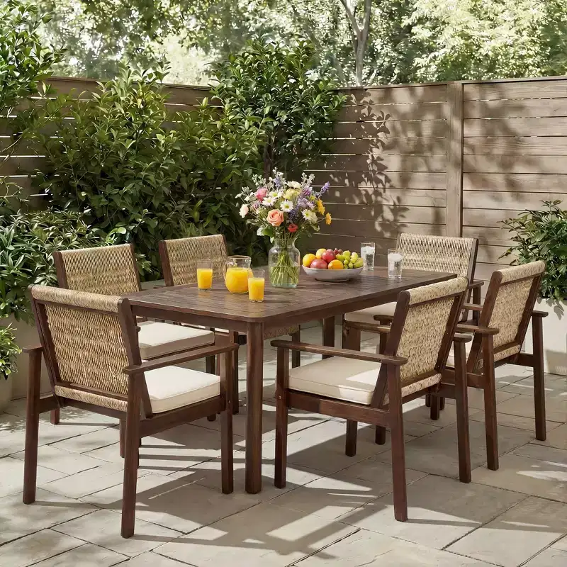 Christopher Knight Home Nadi Farmhouse Acacia Wood Upholstered Dining Set with 6 Wicker Backrest Chairs and Slatted Tabletop