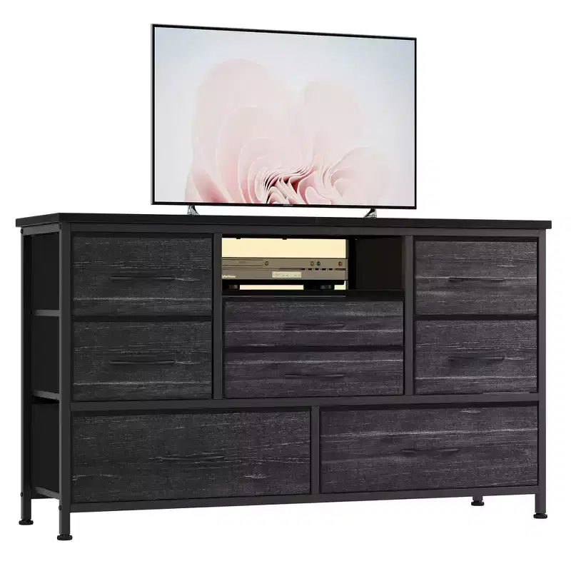 Dresser TV Stand with Power Outlet & LED Lights for 55'' TV8 Drawers Entertainment Center, Fabric Chest of Drawers with Wood Top, Black