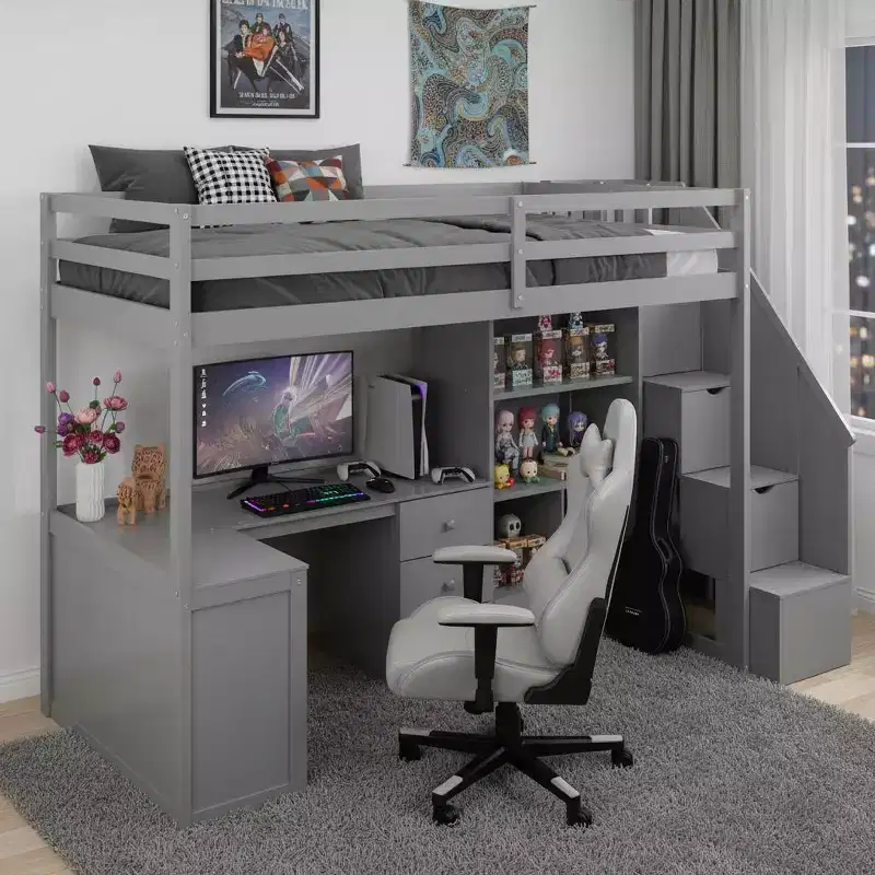 Whisen 94.4''L*57.4''W Wood Loft Bed with L-Shaped Desk and Drawers, Cabinet and Storage Staircase