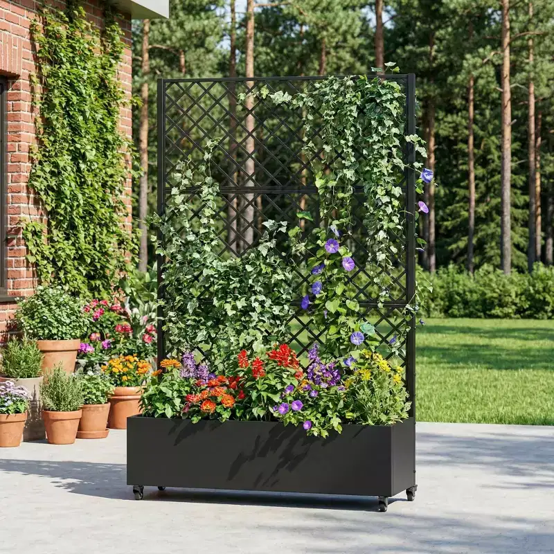 MAYEERTY Black Wrought Iron Planter with Trellis (Diamond), 72x47x16, 3-Piece Patio Garden Planter