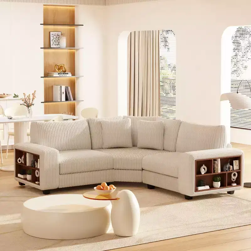 GDFStudio Antonia Modular Beige Corduroy Upholstered L-Sectional Sofa with Built-In Shelf