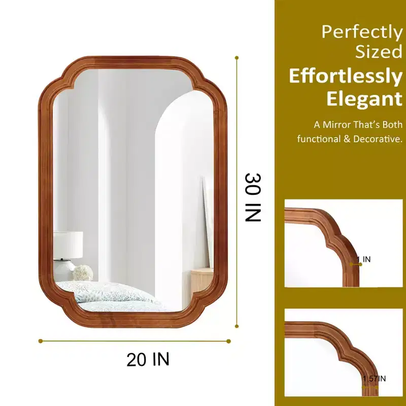 20 x 30 Rounded Corner Solid Wood Frame Decorative Mirror Modern Farmhouse Wall Mirror For Bedroom Bathroom Living Room Entryway Brown