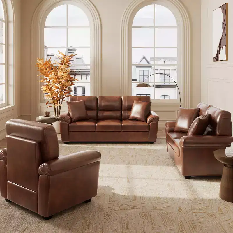 6 seater Living Room Sofa Loveseat Chair Set Faux Leather Couch with Pillows Chocolate Black-Morden Fort