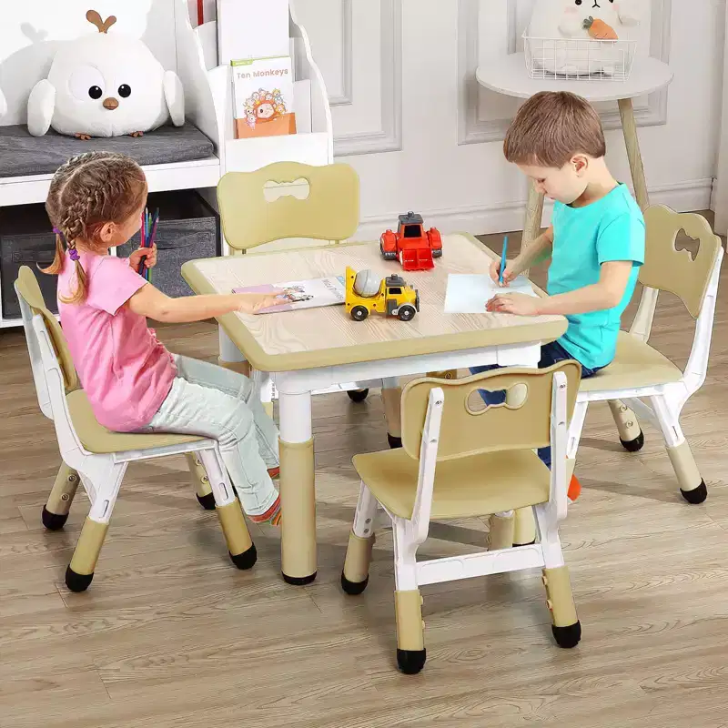 Modern Kids Table and 4 Chair Set,23 Height Adjustable Toddler Table and 4 Chairs with Non-Slip Desk Legs&Organizer Graffiti Desktop