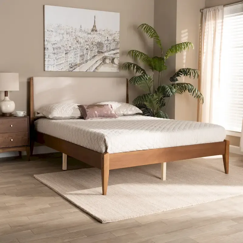 Mid-Century Modern Upholstered Platform Bed with Tapered Legs and Wood Slats – Beige, Full / Queen / King