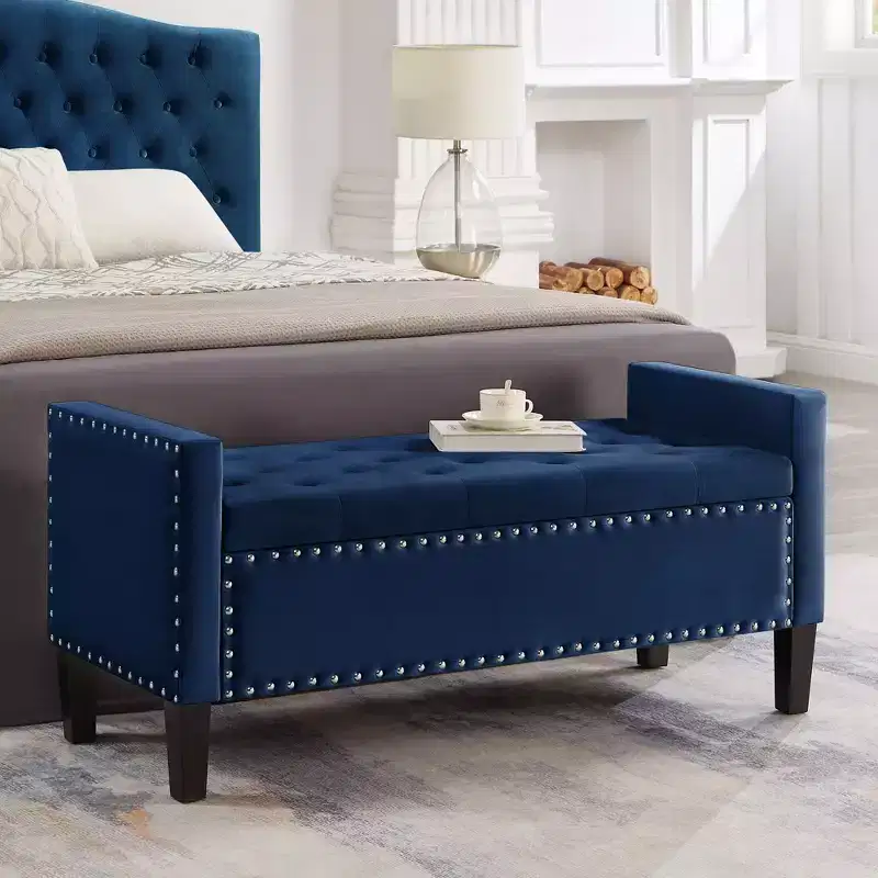 Tufted Button Storage Bench with Nails Trim & Armrests – Navy