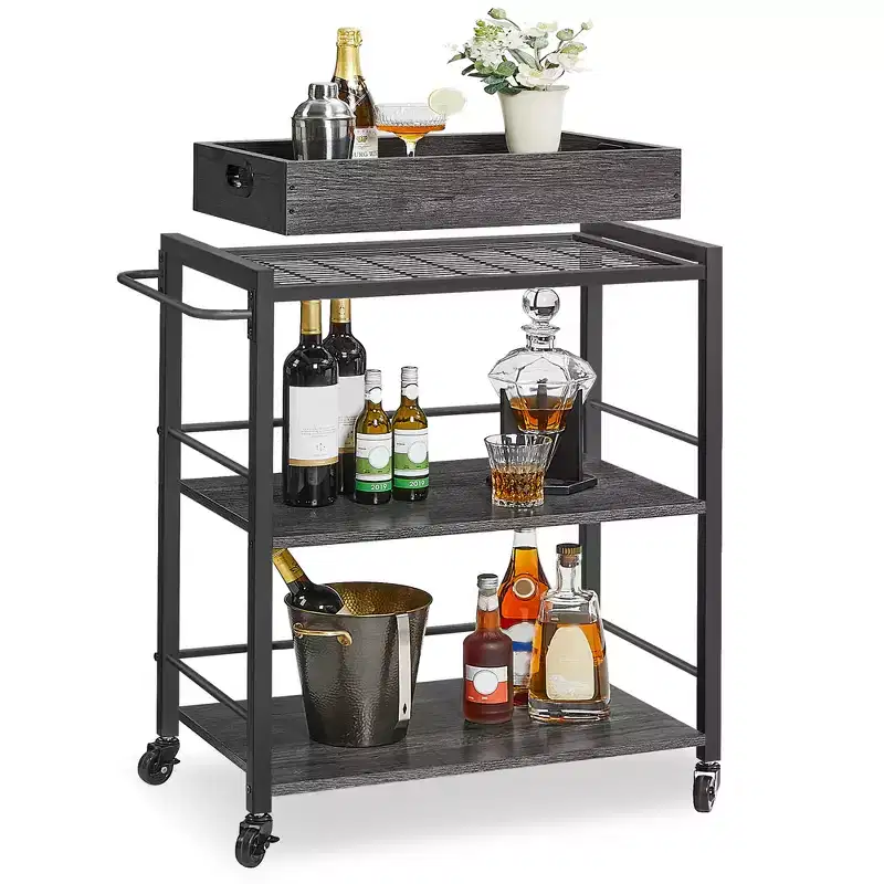Kitchen Serving Cart with Removable Tray, 3-Tier Kitchen Utility Cart on Wheels with Storage, with Brakes, Leveling Feet