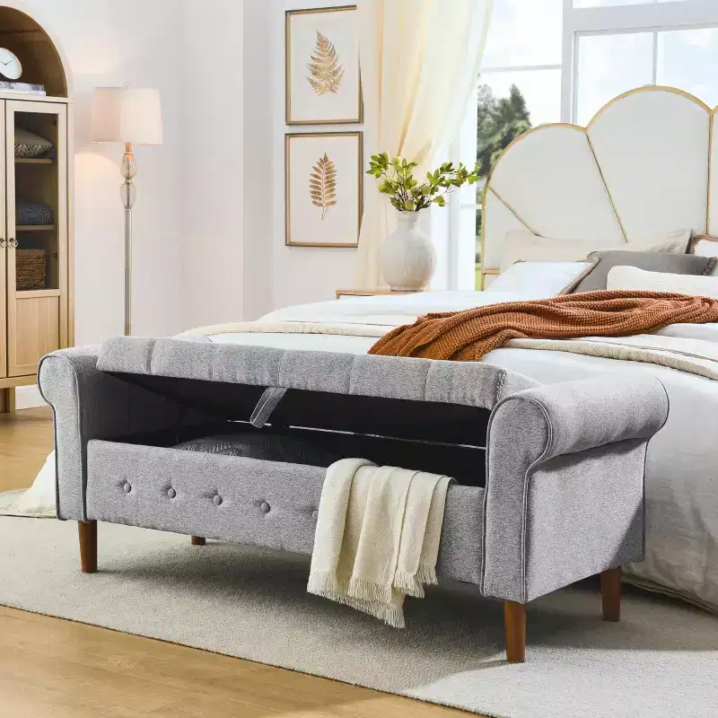 Storage Ottoman Bench with Armrests, 62'' l 22'' w 23.56'' h Buckle Hinge Flip Cover Large Storage Bench, Footstool