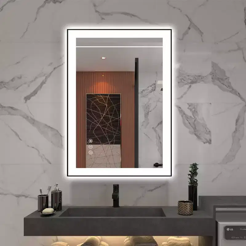 LED Bathroom Vanity Mirror 20x28, Anti-Fog, Dimmable, 3 Color, Tempered Glass, Black Frame