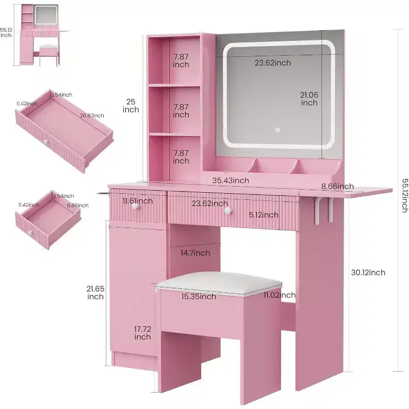 Acekool Vanity Desk with Mirror, Drawers, Cabinet, Power Access & Storage Stool, Expandable Makeup Table for Bedroom