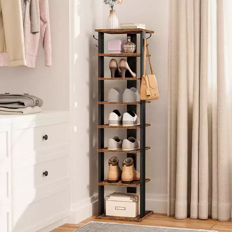 8 Tiers Vertical Shoe Rack, Narrow Wooden Shoe Storage Organizer with Hooks, Space-Saving Shoe Tower Holds 8 Pairs