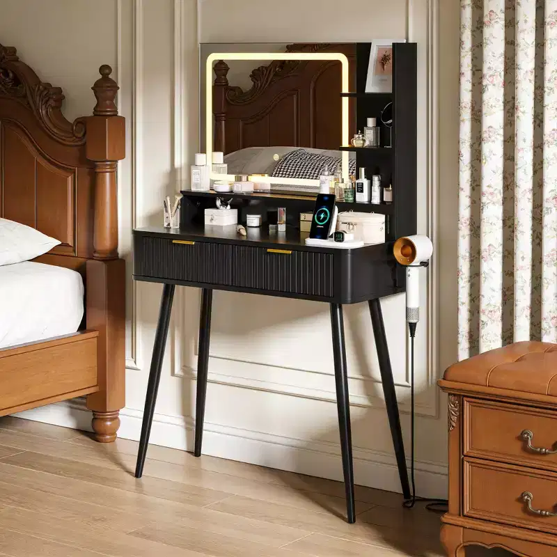 31.5 LED Makeup Vanity Desk with Mirror and 2 Drawers for Bedroom Storage and Organization