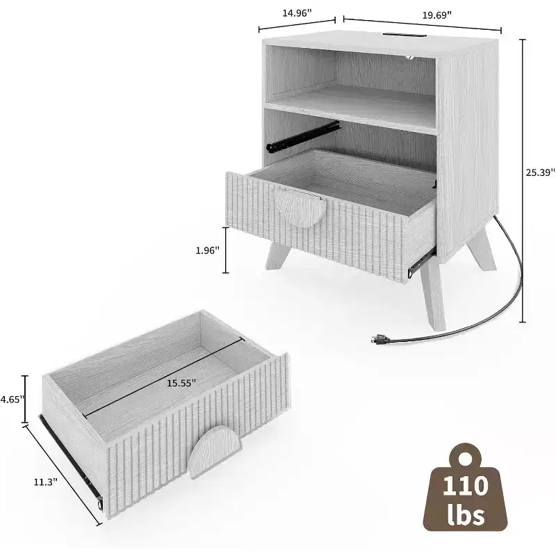 Fluted Night Stand Set of 1, Wood Nightstand End Table with 2 Drawers, Open Shelf and Feet, for Bedroom Living Room Grey