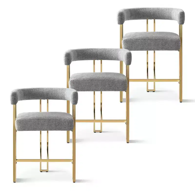 Set of 3 Counter Height Bar Stools with Backs and Arms, Modern Chenille Upholstered Kitchen Island Chairs with Gold Metal Legs - Panipeachy