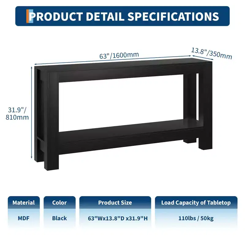 63 Inch Long Sofa Table Behind Couch with 2-Tier Storage for Living Room, Entry and Dining Room