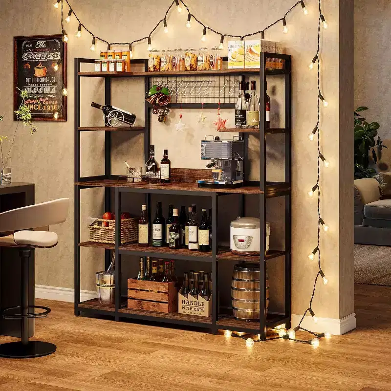 Lantine 55-Inch Kitchen Bakers Rack, 5-Tier Microwave Stand with Metal Frame, Large Coffee Bar Station with 11 Hooks, Rustic Brown