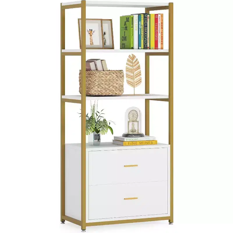 Lantine Bookcase, 4-Tier Bookshelf with 2 Drawers, Etagere Standard Book Shelves Display Shelf for Home Office (Gold/White)