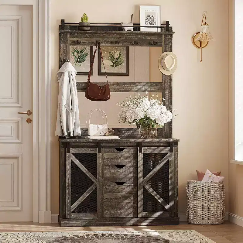 COZONY 5-in-1 Hall Tree with Shoe Storage, Adjustable Side Stand, Coat Rack & Dressing Table, Corner Design  for Hallway, Living Room, Mudroom