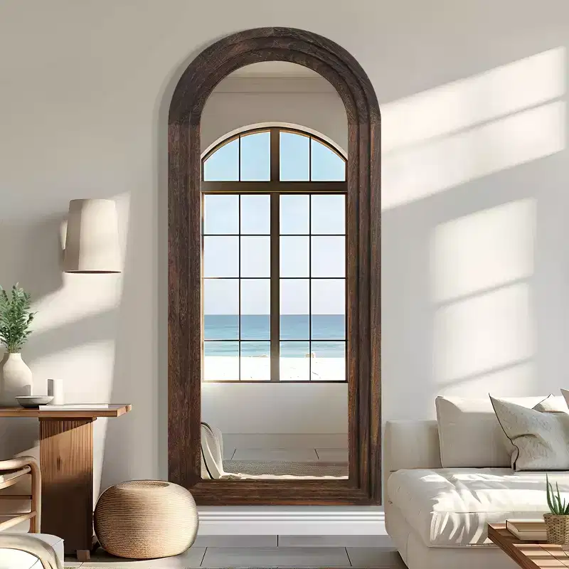 PexFix 31 in. W x 71 in. H Classic Arched Solid Wood Framed Mirror in Brown