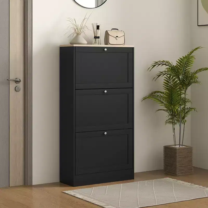 HOMCOM Narrow Shoe Storage Cabinet for Entryway with 3 Flip Drawers and Adjustable Shelves, Shoe Rack Organizer for 12-18 Pairs of Shoes