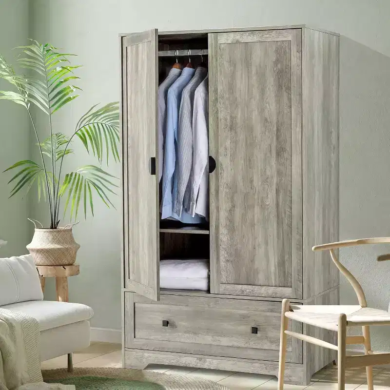 Wide Armoire Wardrobe Closet with Hanging Rod, Adjustable Shelves and Drawer, Freestanding