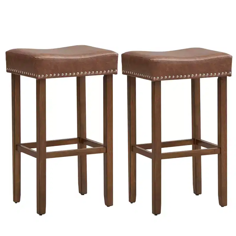 Costway 29.5 Wood Frame PU Leather Upholstered Bar Stools Set of 2 with Footrests Brown/Grey