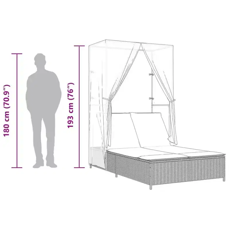 vidaXL Double Sun Lounger with Roof and Curtains Poly Rattan