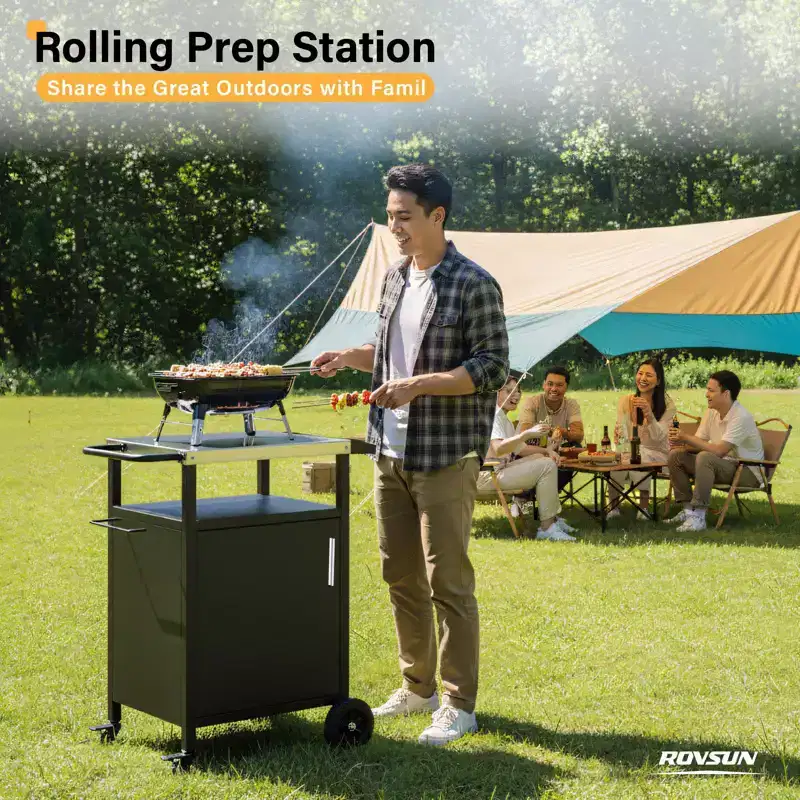 Outdoor Grill Table Cart with Cabinet, Stainless Steel Movable Kitchen Island with Large Storage Cabinet, Multifunction Food Prep Table