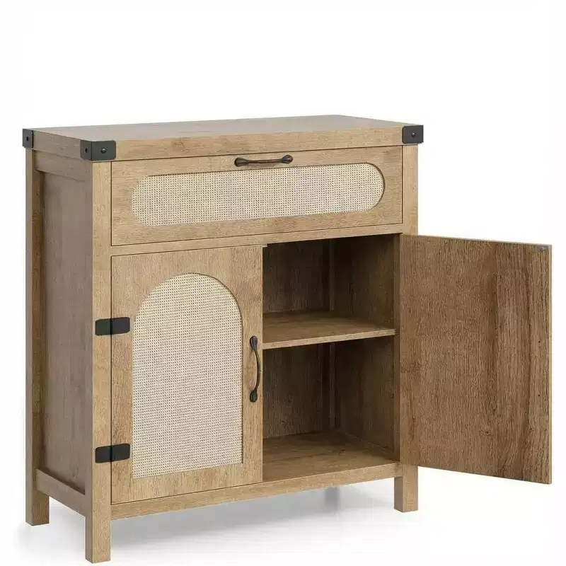 Rattan Sideboard with Drawer, Natural Wood Buffet Cabinet with Rattan-Accent Doors & Adjustable Shelves, Storage Accent Cabinet for Living Room