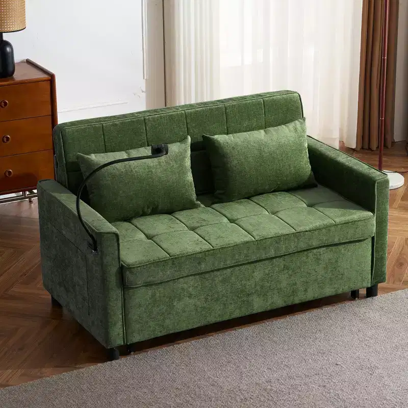 56.9 Inch Loveseat Pull Out Sleeper Sofa Bed with Reversible Backrest Cushion, Side Pockets, Phone Holder for Living Room, Green