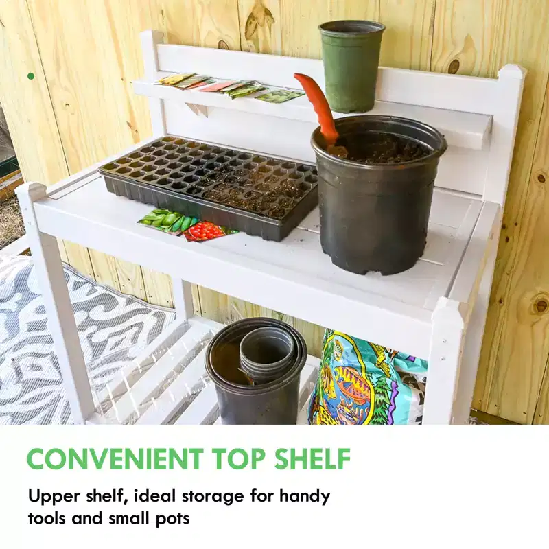 Outdoor Indoor Maintenance Free Vinyl Garden Potting Bench, Waterproof Potting Table with Open Shelf, White
