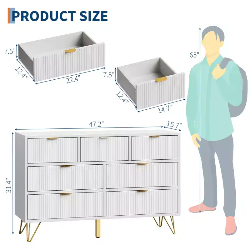 7 Drawer Dresser with Gold Metal Handles & Feet - White