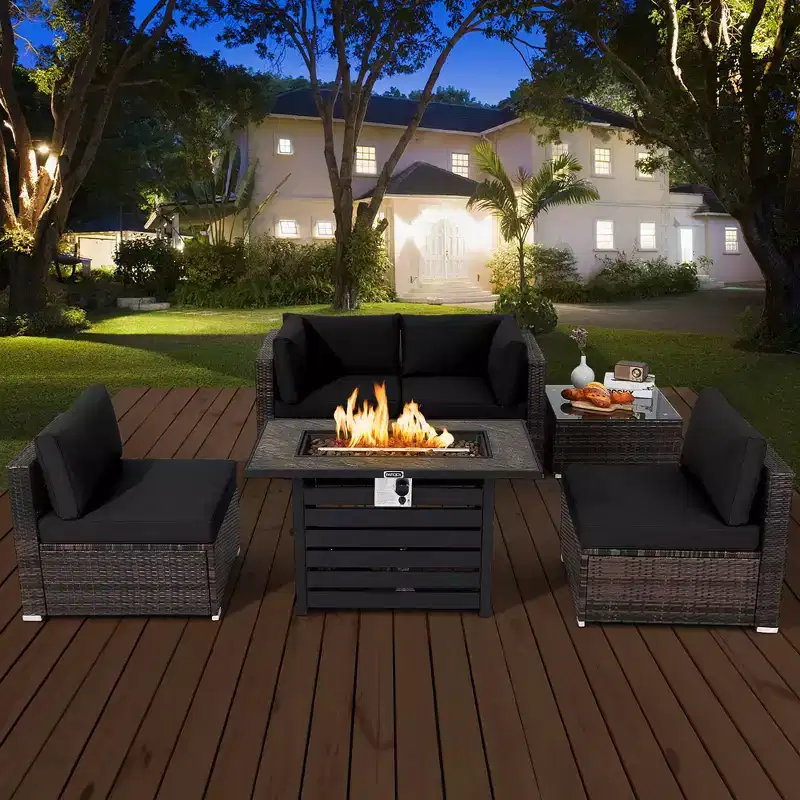 Costway 6PCS Patio Rattan Furniture Set 42'' Fire Pit Table Cover Sofa Cushion Off White/Black/Navy/Red/Turquoise