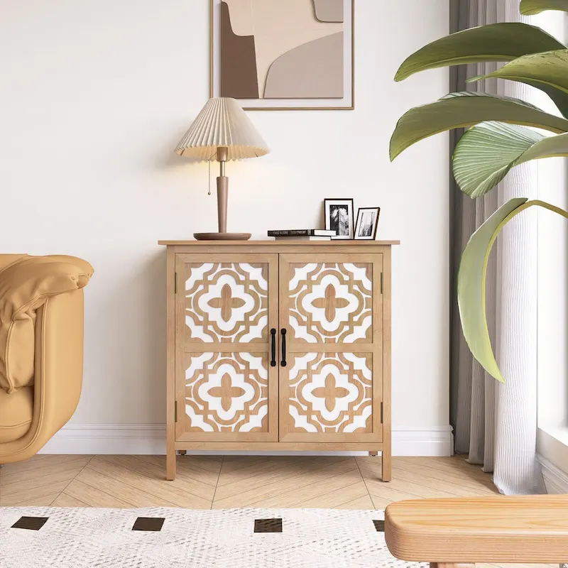 2-Door Hand-Carved Wood Veneer Side Cabinet with Pine Legs – Brown, Chipboard, Abstract Line Design