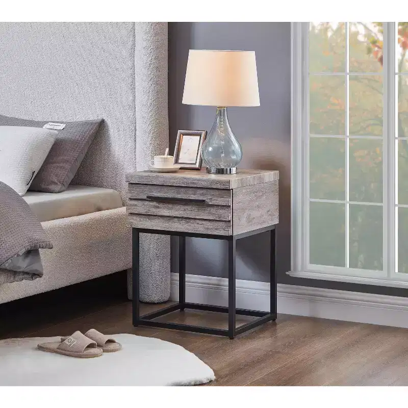 Okak Rustic Side Table with Storage Drawer and Metal Legs, End Table with Thick Tabletop, Accent Table for Sofa Side, Living Room, Bedroom