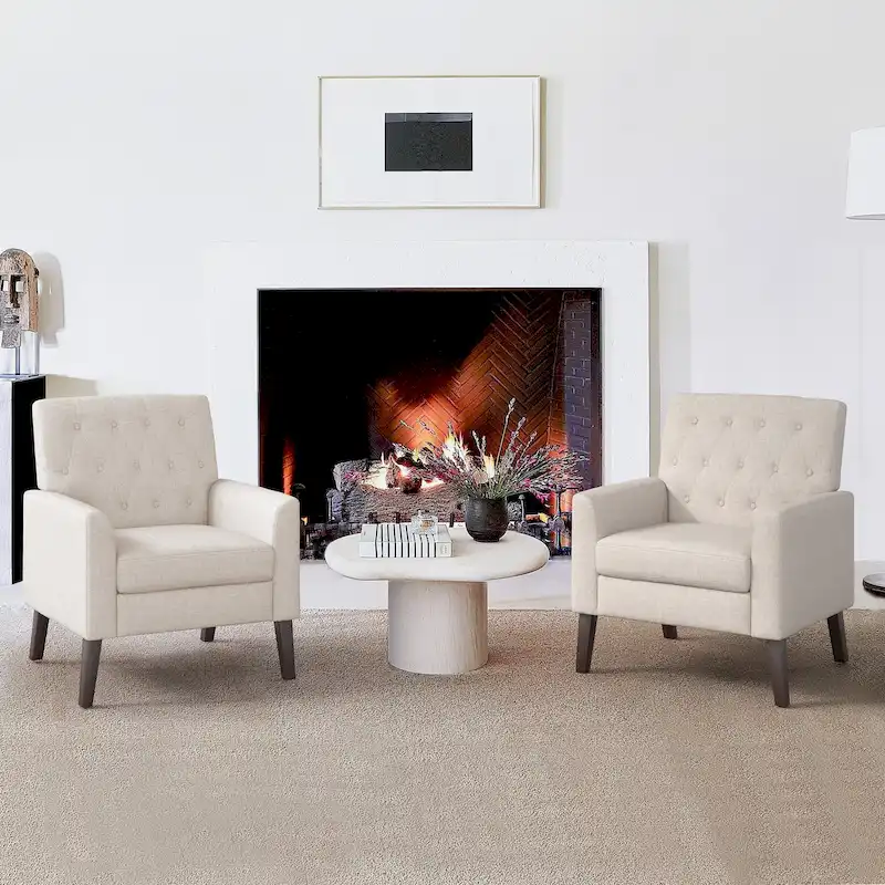 LUE BONA Linen and Walnut Legs Mid Century Modern Button Tufted Accent Chair (Set of 2) - 33.86 H X 27.95 W X 29.53 D