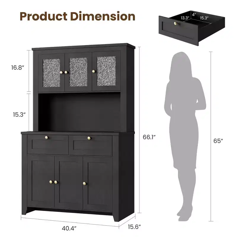 66 Tall Pantry Cabinet with LED Lights & Charging Station, Kitchen Pantry Storage Cabinet Kitchen Hutch Coffee Bar with Storage Drawers